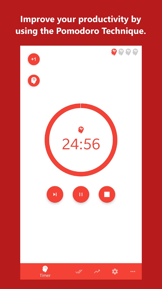 The timer screen: a circular countdown showing 24:56, session markers at the top and skip, pause and stop controls below.