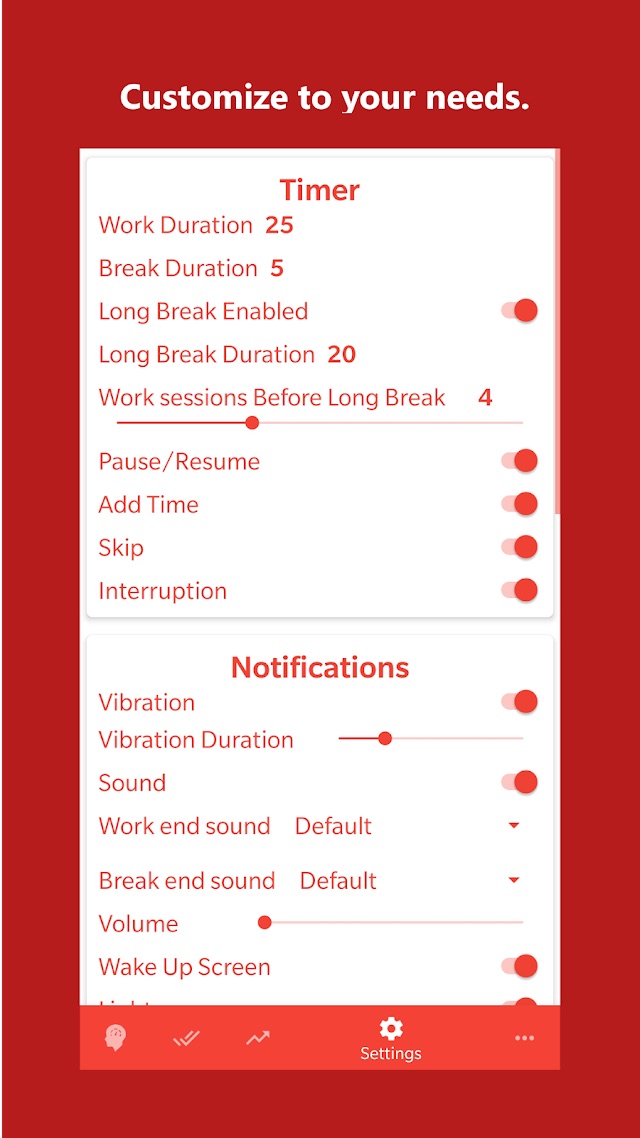 The settings screen listing work duration 25, break duration 5, long break duration 20, sessions before a long break 4, and toggles for pause, add time, skip, vibration and sounds.