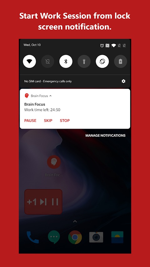 An Android lock screen showing the Brain Focus notification with the remaining work time and pause, skip and stop actions.